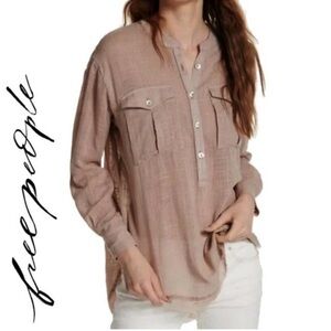 Free People Talk to Me Gauze Henley Shirt Tunic Raw Hem Button Up Taupe L Large